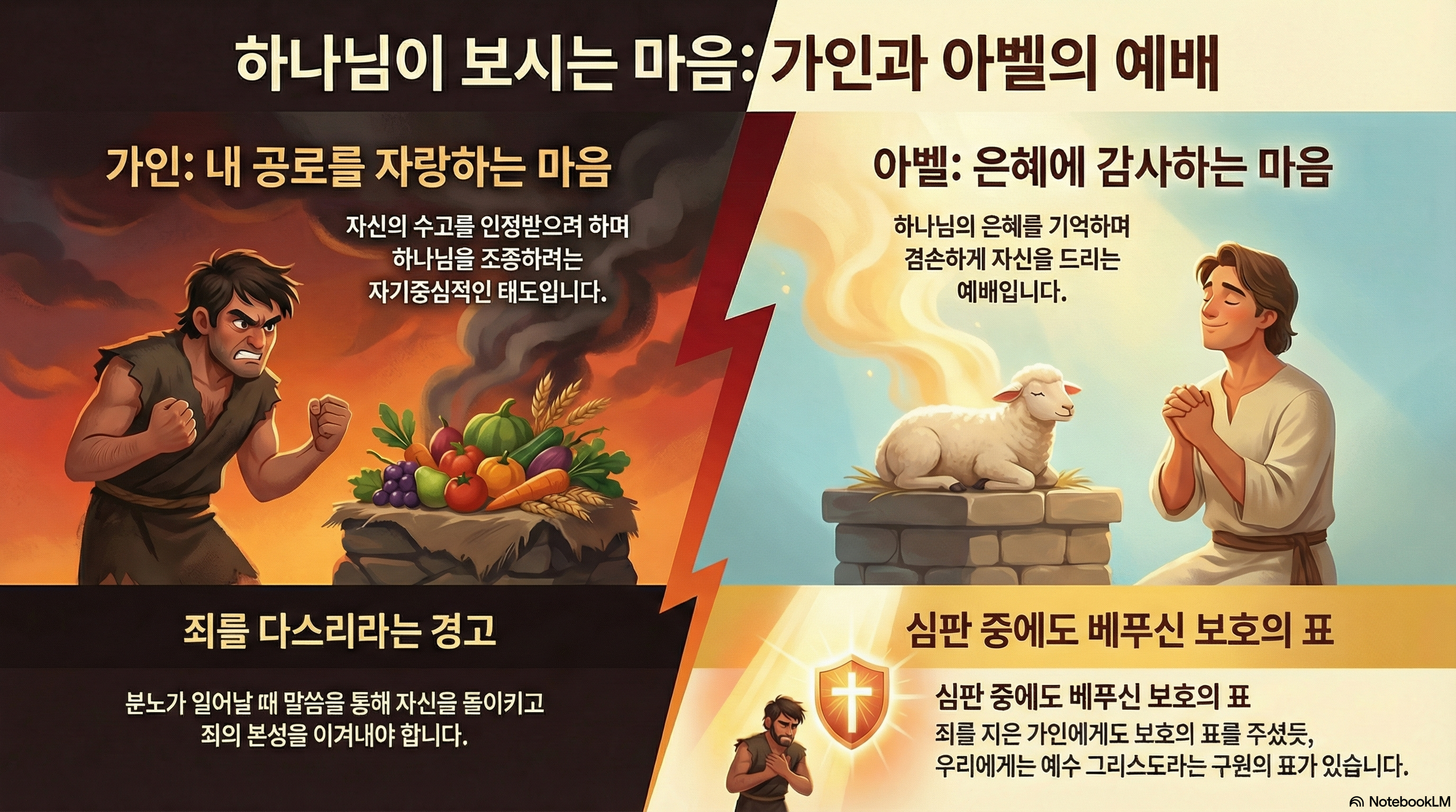 가인과 아벨의 예배와 마음을 비교한 설명 그림